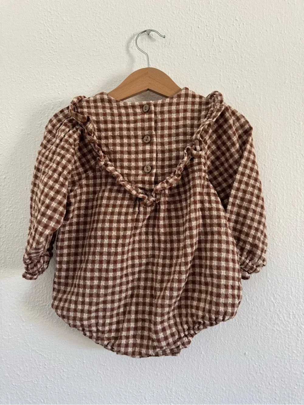 Rylee & Cru Gingham Ruffle Baby Romper in Brown and Cream